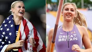 Katie Moon reacts to Molly Caudery setting a new personal best and GB National Record in the pole vault
