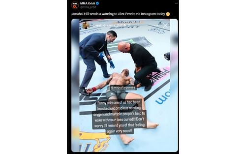 MMA Orbit's tweet regarding Hill warning to Pereira [Image courtesy: @mma_orbit - X]