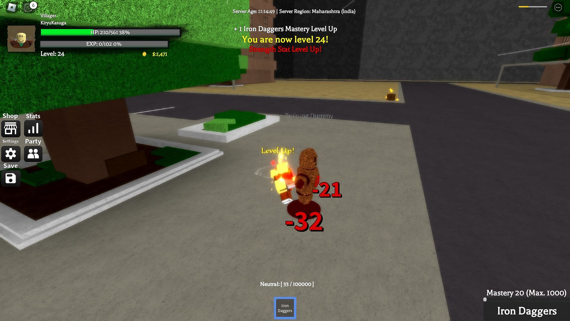Using a training dummy to level up (Image via Roblox)