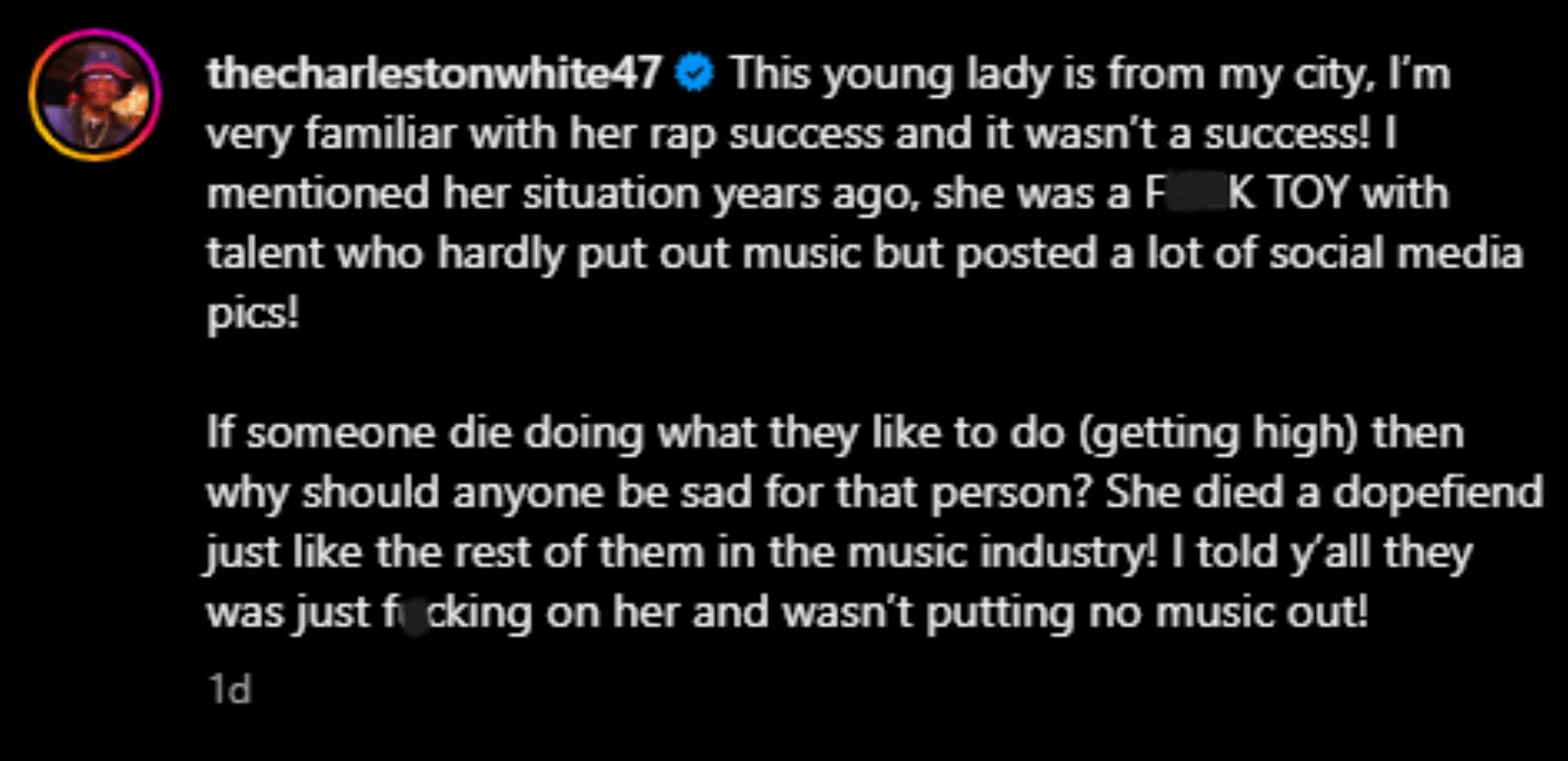 Charleston White comments on Enchanting&#039;s death (Image via Instagram)