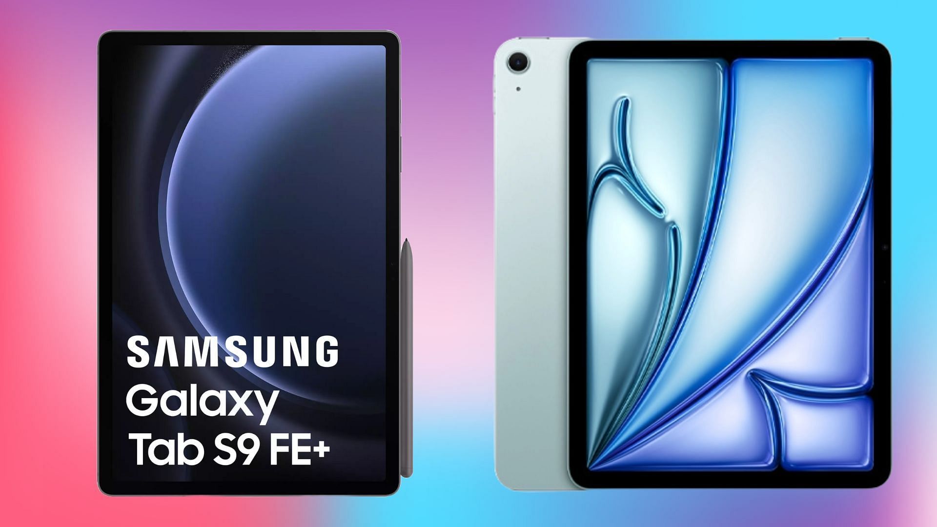 The Apple iPad Air M2 vs Samsung Galaxy Tab S9 FE+ comparison (Image via Apple, Samsung)