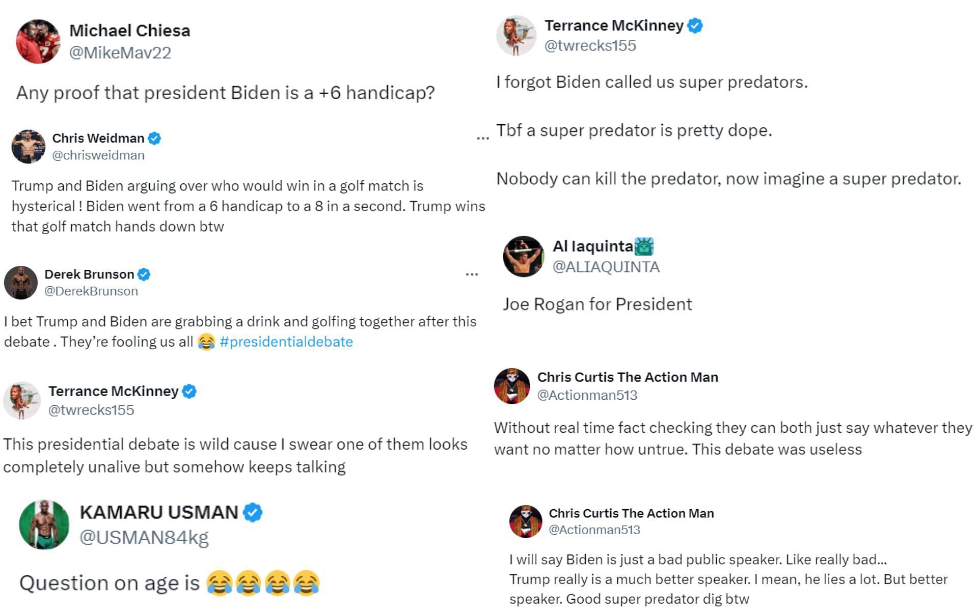 Fighters react to the first 2024 presidential debate [Images courtesy: Fighter accounts on X]