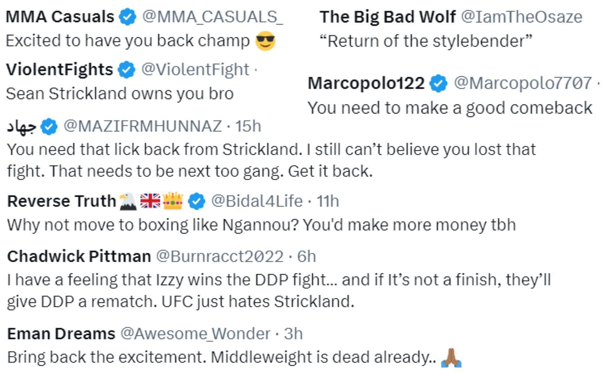 Screenshot of fan reactions to Israel Adesanya&#039;s post on X