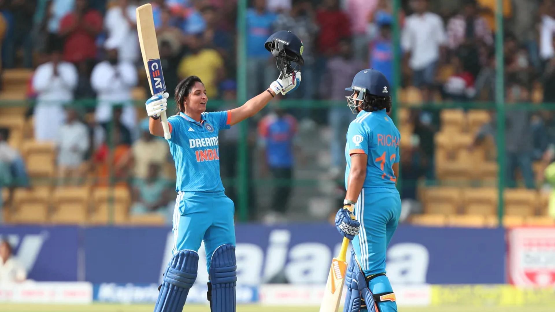 Harmanpreet Kaur celebrates after reaching her sixth ODI hunded (P.C.:BCCI)