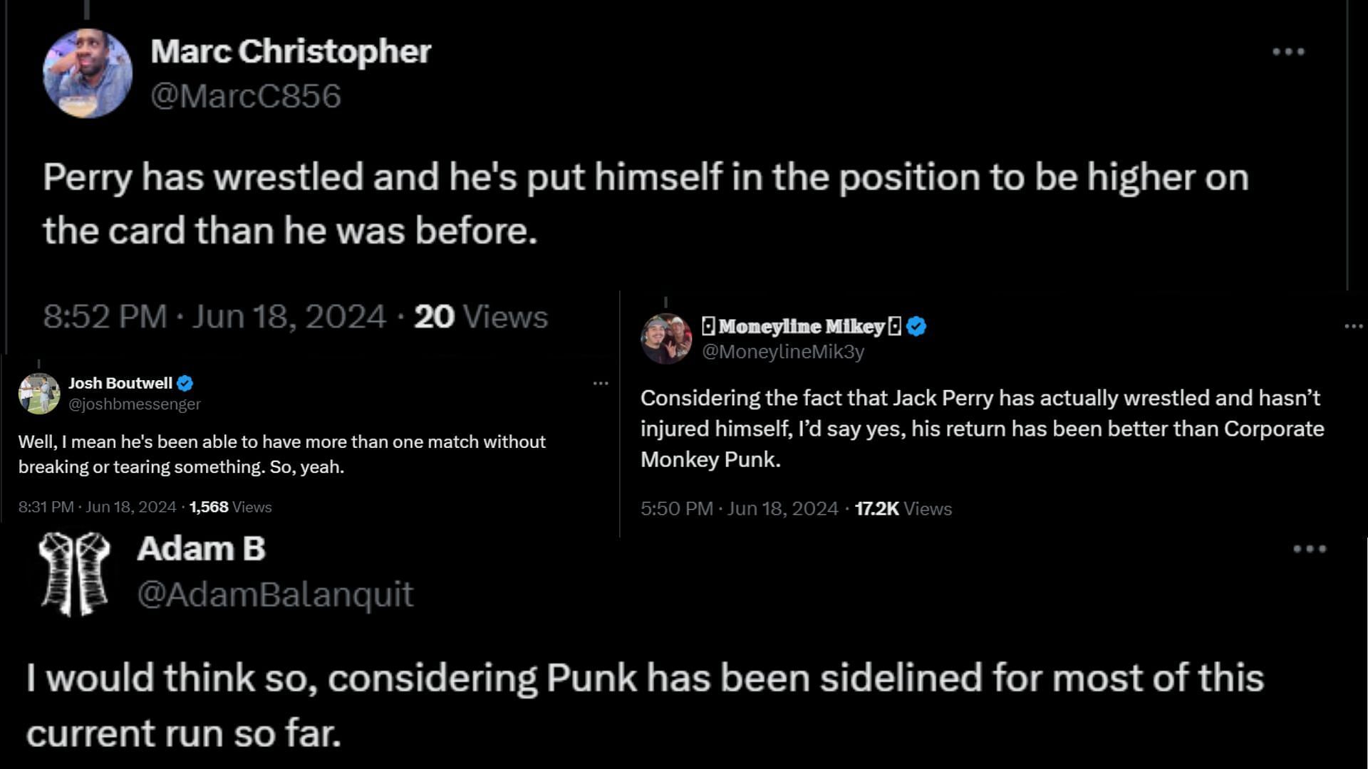 Fans reacting to a post comparing Jack Perry&#039;s run in AEW to CM Punk&#039;s in WWE following their returns