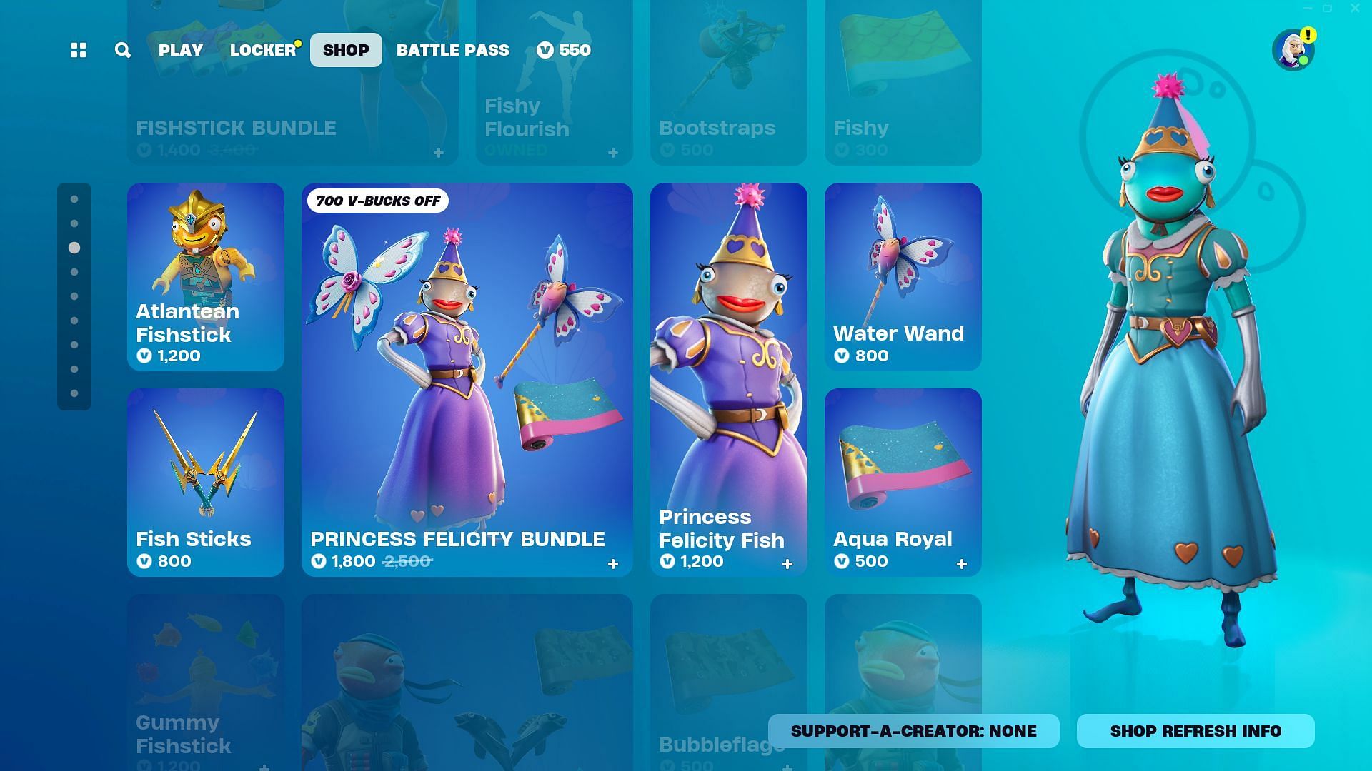 You can now purchase the Princess Felicity Fish skin in Fortnite (Image via Epic Games)