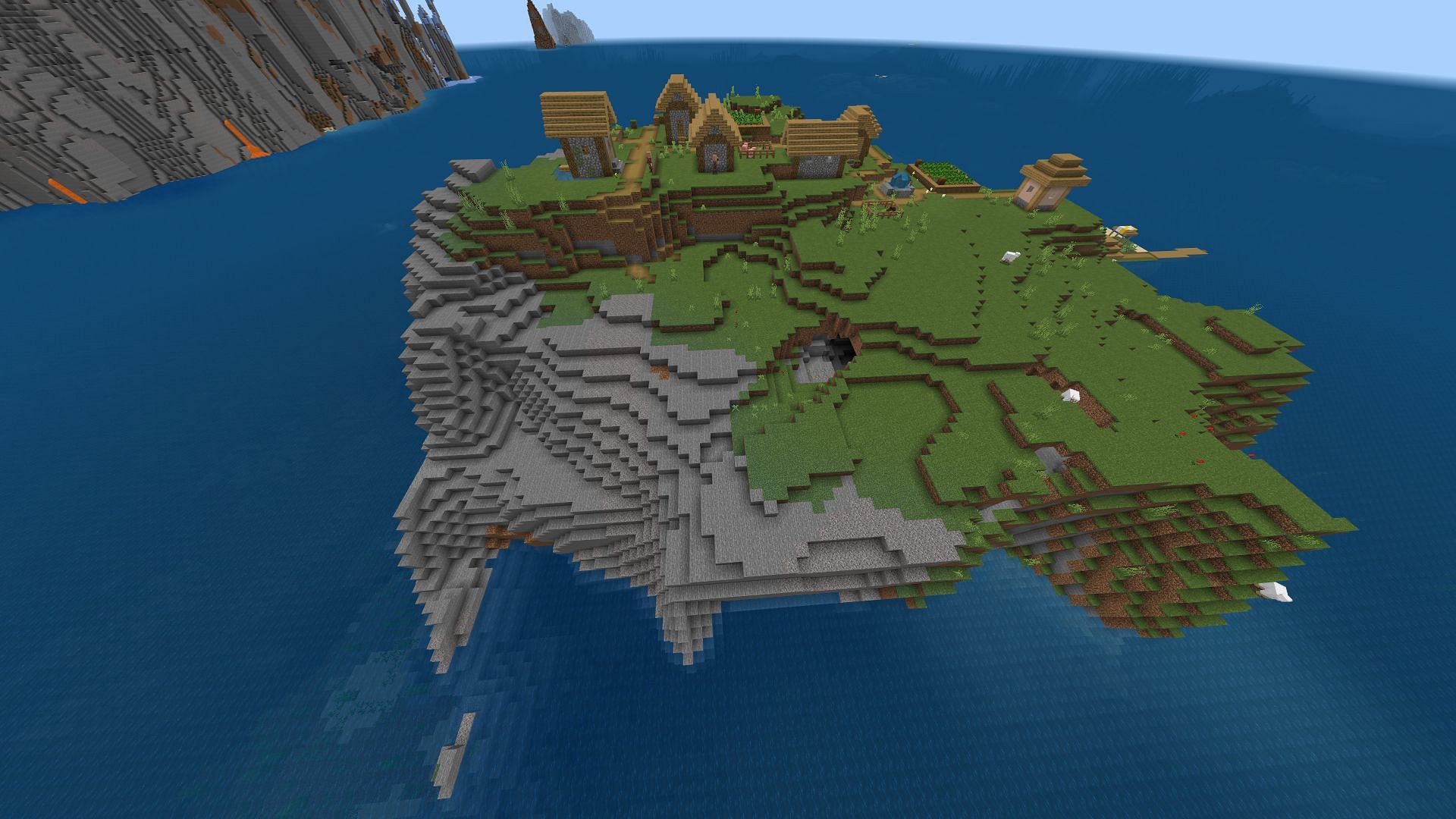 This Minecraft Bedrock seed's spawn island has plenty to find underneath it (Image via u/RealThisIsChris/Reddit)