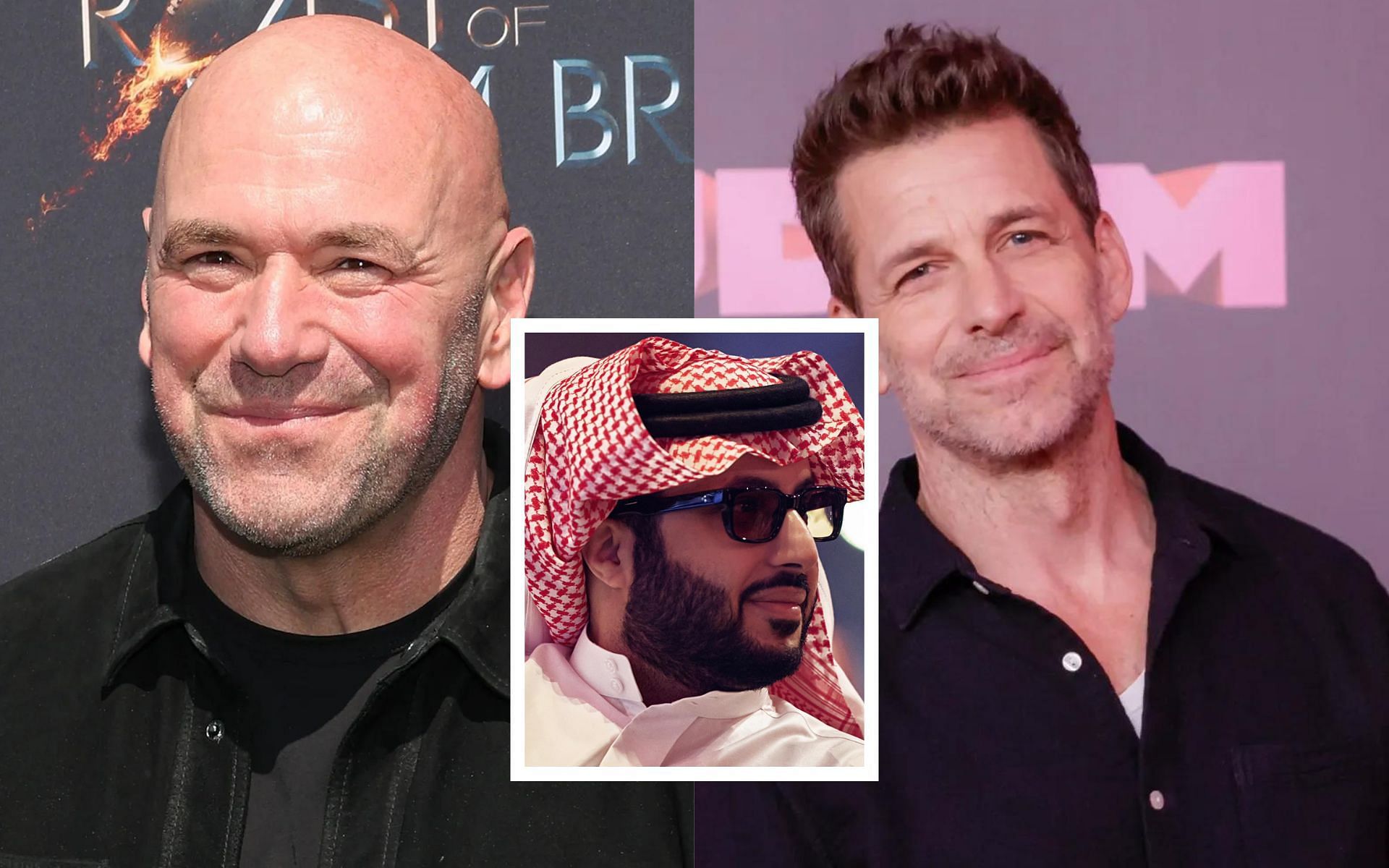 Turki Alalshikh (center) explains his plans to have Zack Snyder (right) direct a UFC movie coordinated by Dana White (left). [Images courtesy: @turki_alalshikh on X and Getty Images]