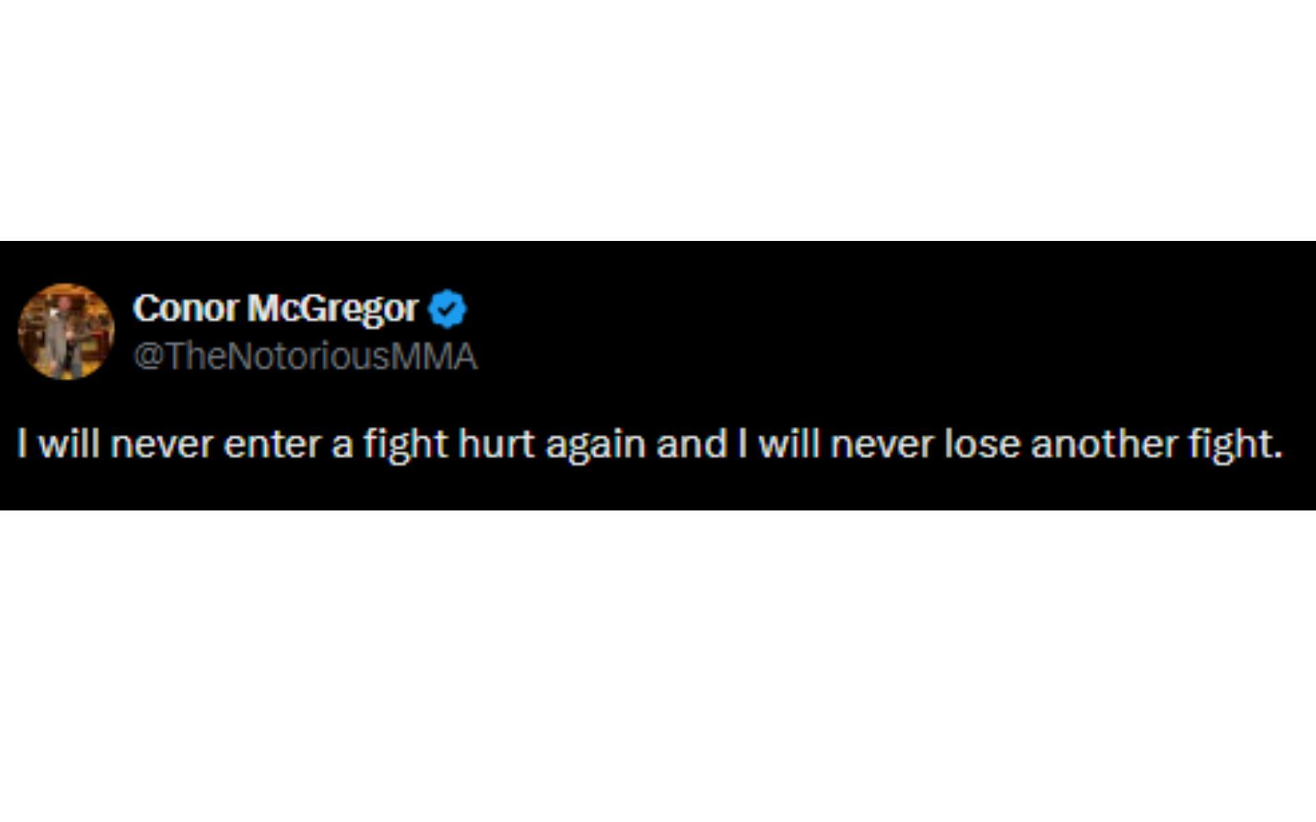 McGregor&#039;s tweet regarding his upcoming UFC return [Image courtesy: @TheNotoriousMMA - X]