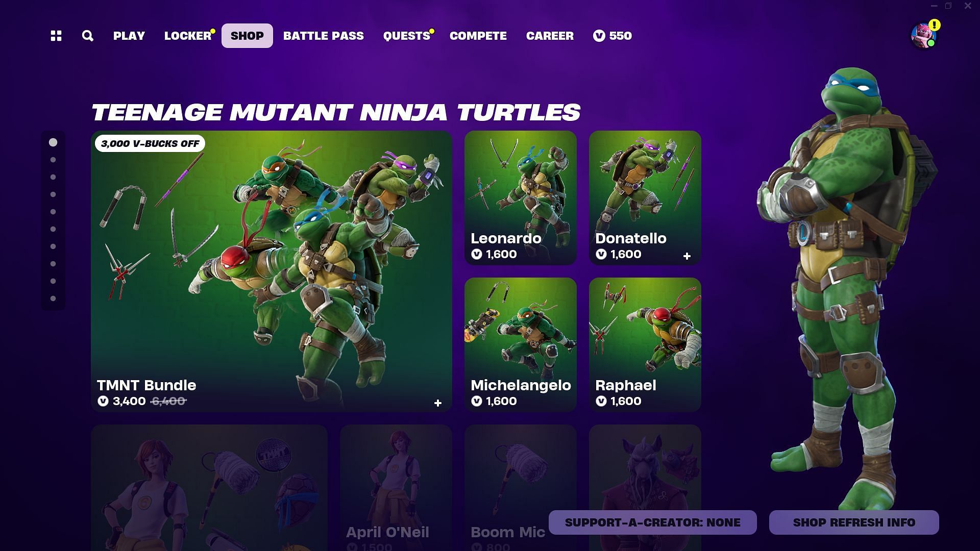 You can purchase the Teenage Mutant Ninja Turtles skins in Fortnite (Image via Epic Games)