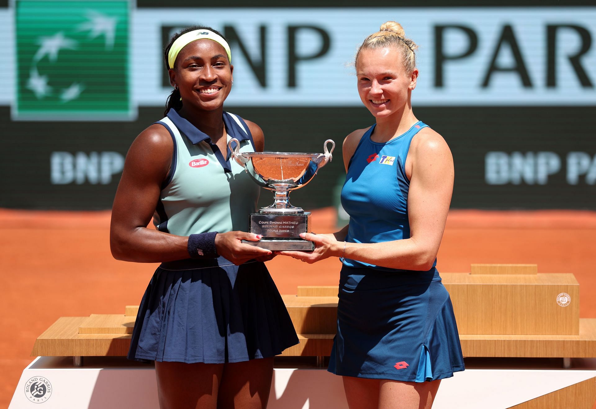 Coco Gauff (left) and Katerina Siniakova after winning the 2024 French Open Women&#039;s Doubles title