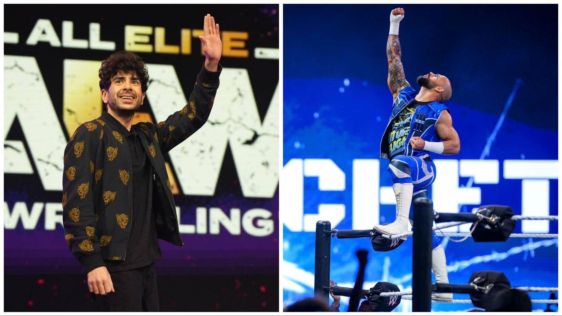 Tony Khan waves in front of the AEW logo, Ricochet at a WWE live event