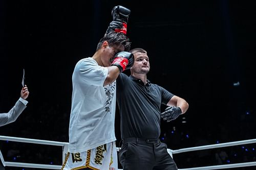 Petchtanong is emotional after getting his hand raised in victory at ONE Friday Fights 68.