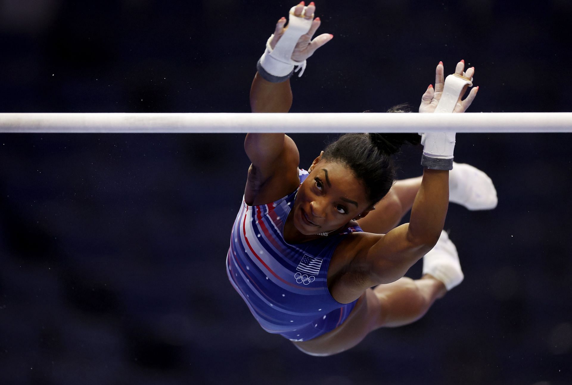 Simone Biles practices ahead of the 2024 U.S. Olympic Team Gymnastics Trials at Target Center on June 26, 2024 in Minneapolis, Minnesota