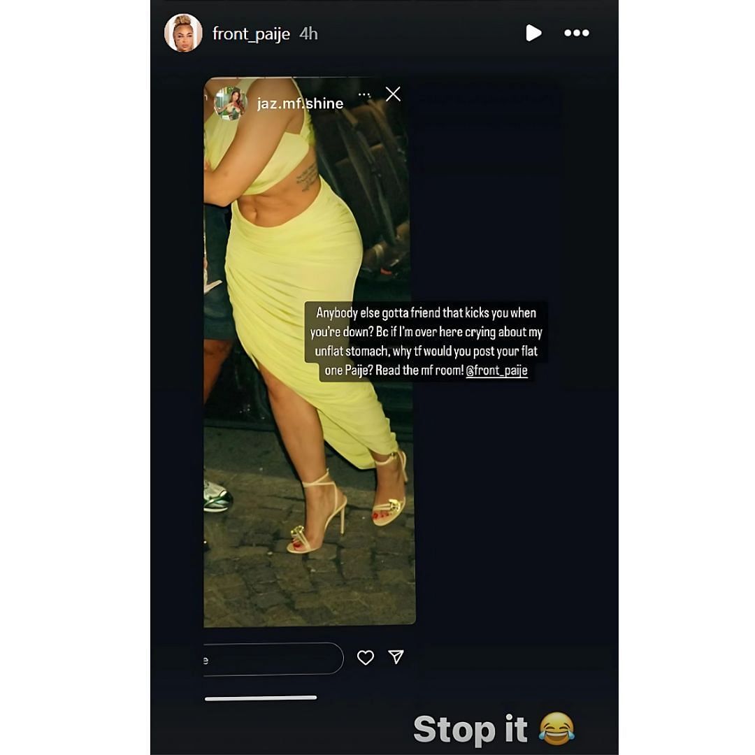 Speights laughs off her friend&#039;s joke on her &quot;flat stomach&quot; (Image: Paije Speights Instagram)