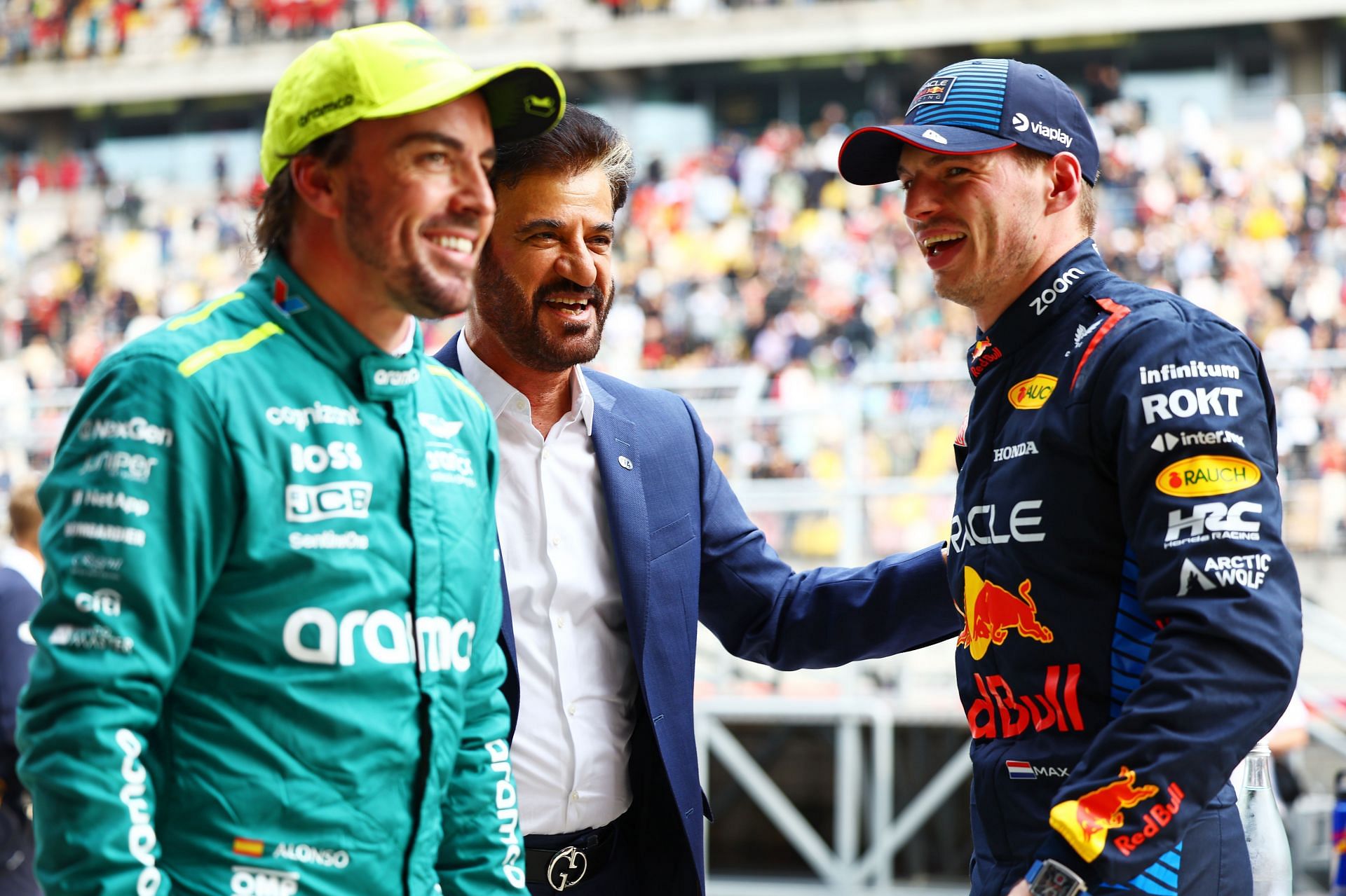 Max Verstappen of Red Bull and Fernando Alonso Aston Martin F1 Team and Mohammed ben Sulayem, FIA President. Courtesy: Getty