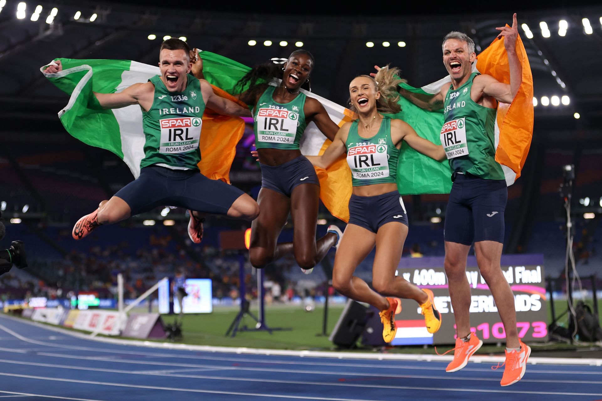 Christopher O&#039;Donnell, Rhasidat Adeleke, Sharlene Mawdsley and Thomas Barr after winning in the 4x400 Metres Mixed Relay Final at European Athletics Championships Rome 2024. (Photo by Michael Steele/Getty Images)