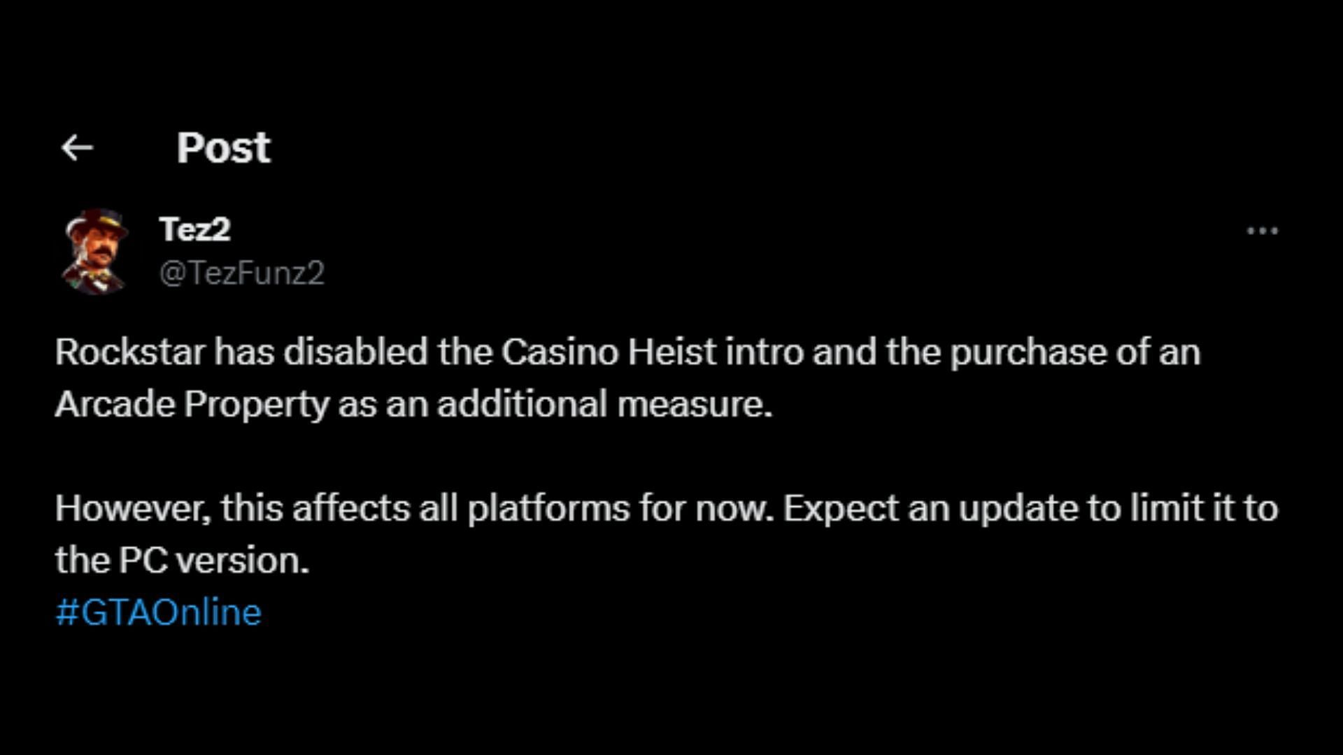 Tez2&#039;s tweet on The Diamond Casino Heist and Arcade being disabled (Image via X/@TezFunz2)