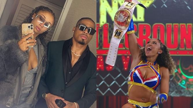 Carmelo Hayes reacts to his partner Kelani Jordan becoming the inaugural NXT Women's North American Champion