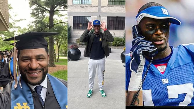 PHOTO: Former NFL stars Jerome Bettis, Ike Taylor and Plaxico Burress pose with their sons, who are committed to Notre Dame