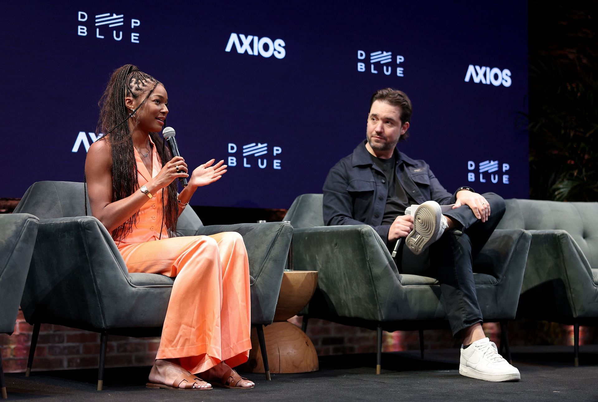 Gabby Thomas speaks during a conversation with Alexis Ohanian at the Business of Women Sports Summit presented at Chelsea Factory in New York City.