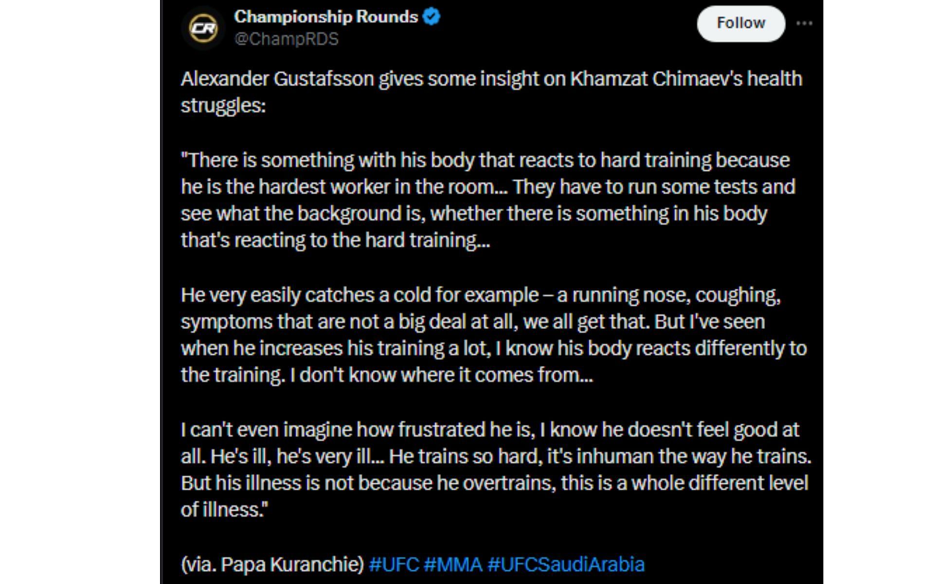 Championship Rounds' tweet regarding Gustafsson's comments about Chimaev [Image courtesy: @ChampRDS - X]