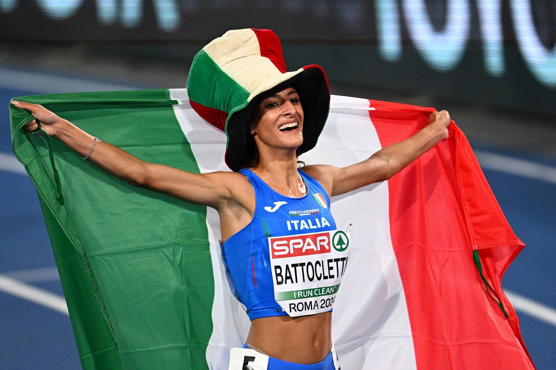 Nadia Battocletti celebrates after winning in the Women&#039;s 5000m at the 26th European Athletics Championships in Rome, Italy.