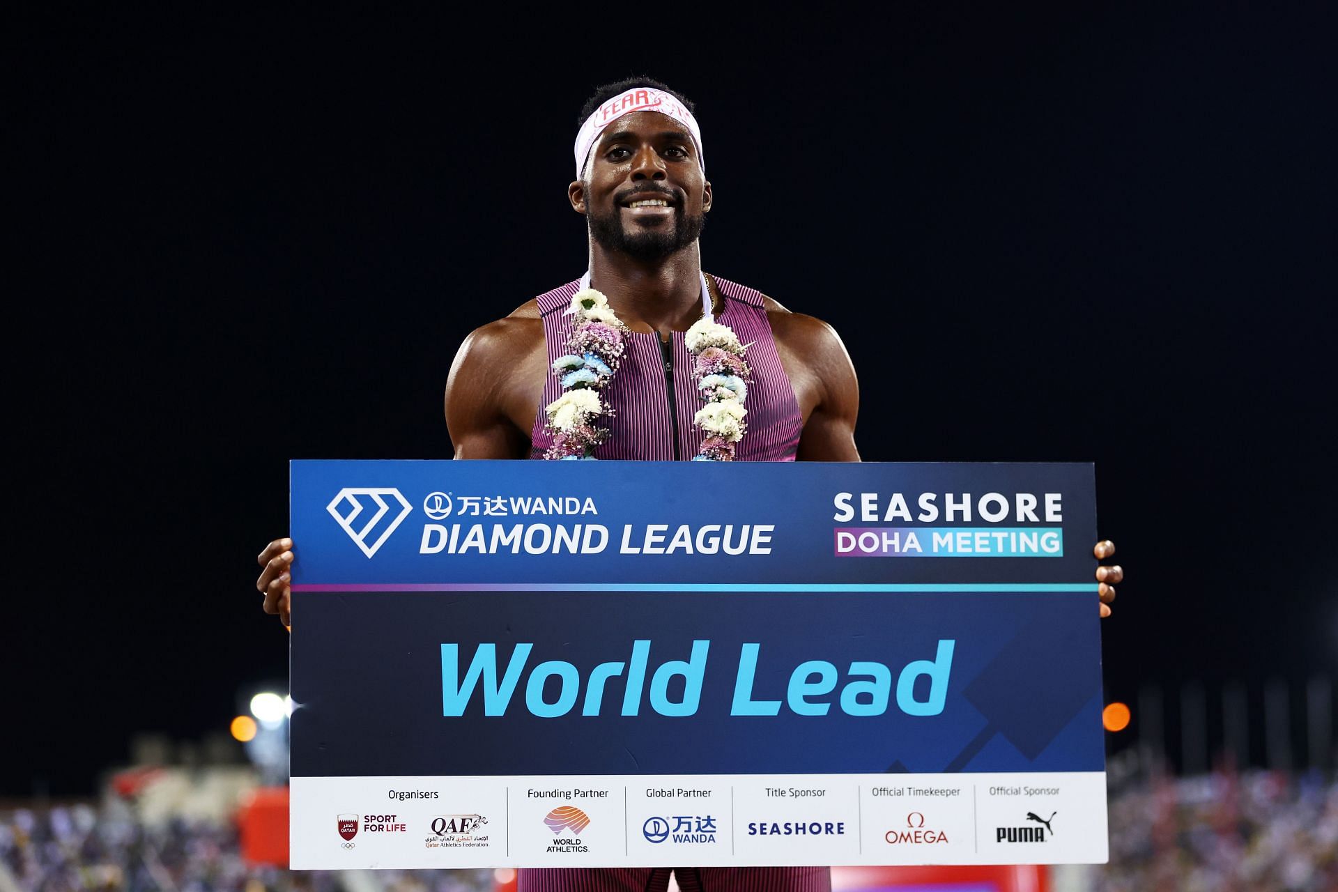 Kenny Bednarek celebrates after winning the men&#039;s 200m during the 2024 Diamond League Doha meeting at Khalifa International Stadium in Doha, Qatar. (Photo by Getty Images).