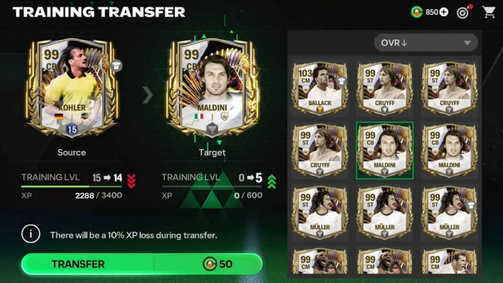 Training Transfer from a ranked to an unranked card (Image via YouTube/EA Sports FC Mobile)