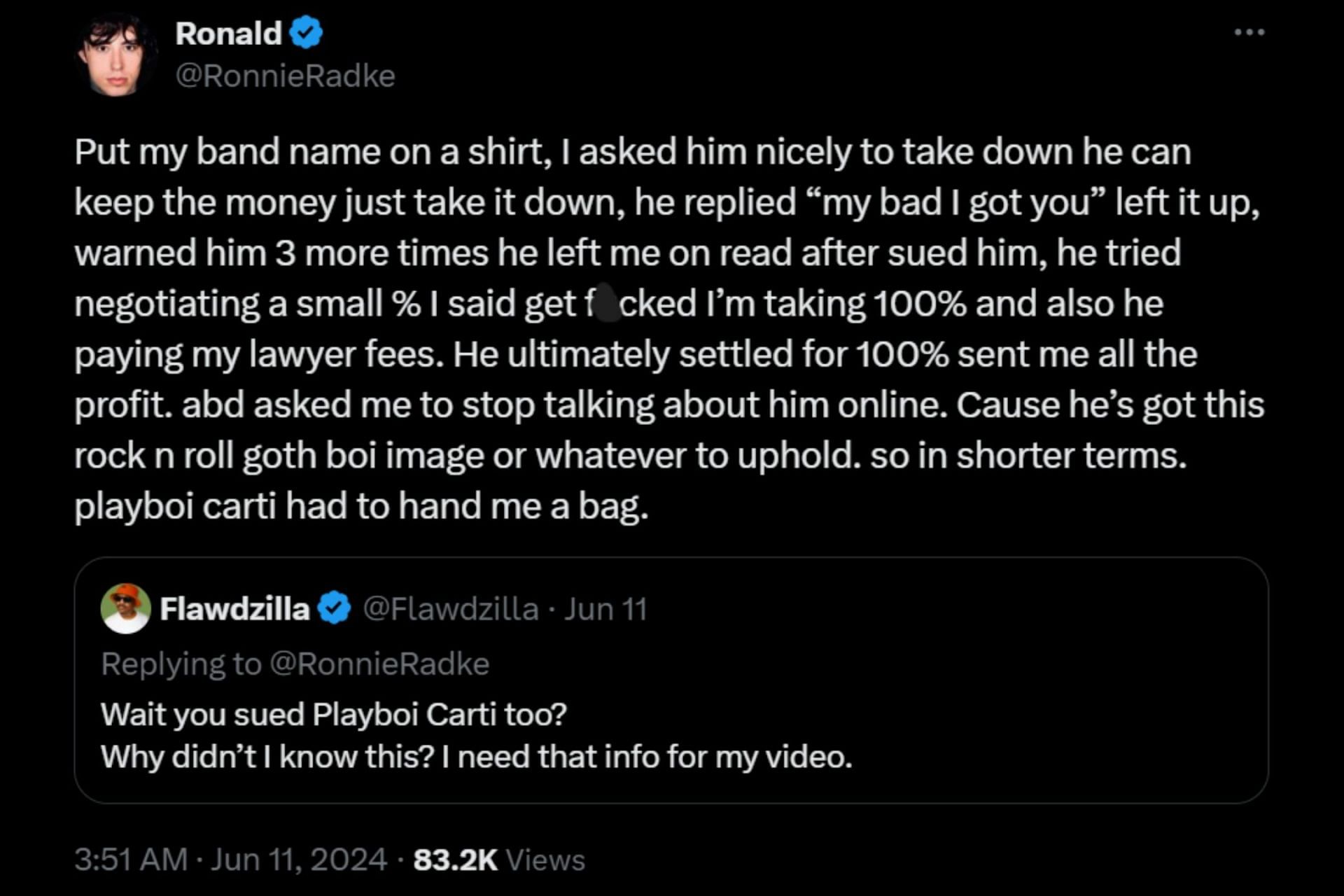 Ronnie Radke addresses Playboi Carti lawsuit on X (Image via X)