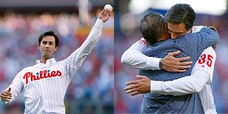 WATCH: Phillies legend Carlos Ruiz receives 2008 WS teammate Cole Hamels' emotional first pitch at his retirement ceremony