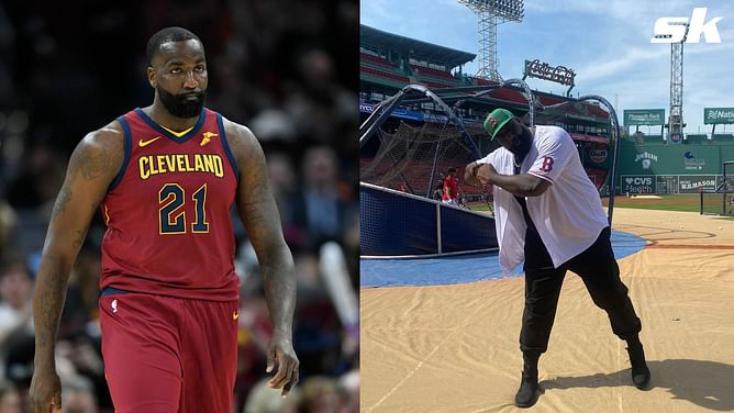 WATCH: Former NBA star Kendrick Perkins tests his swing before Boston's matchup against Atlanta at Fenway Park