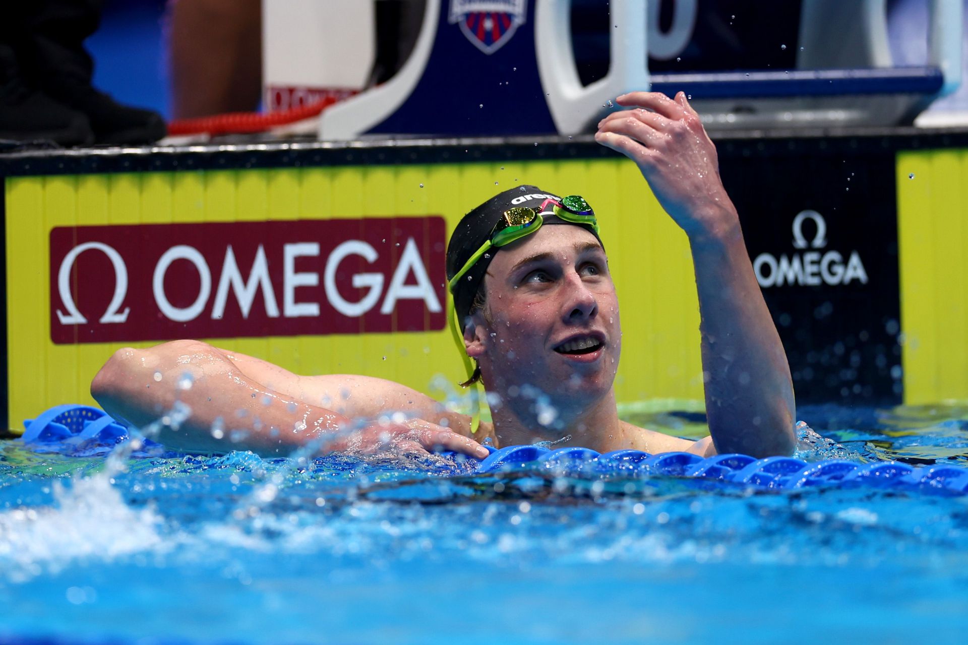 Aaron Shackell reacts after the Men&#039;s 400m freestyle final on Day One of the 2024 U.S. Olympic Team Swimming Trials at Lucas Oil Stadium on June 15, 2024 in Indianapolis, Indiana. (Photo by Maddie Meyer/Getty Images)