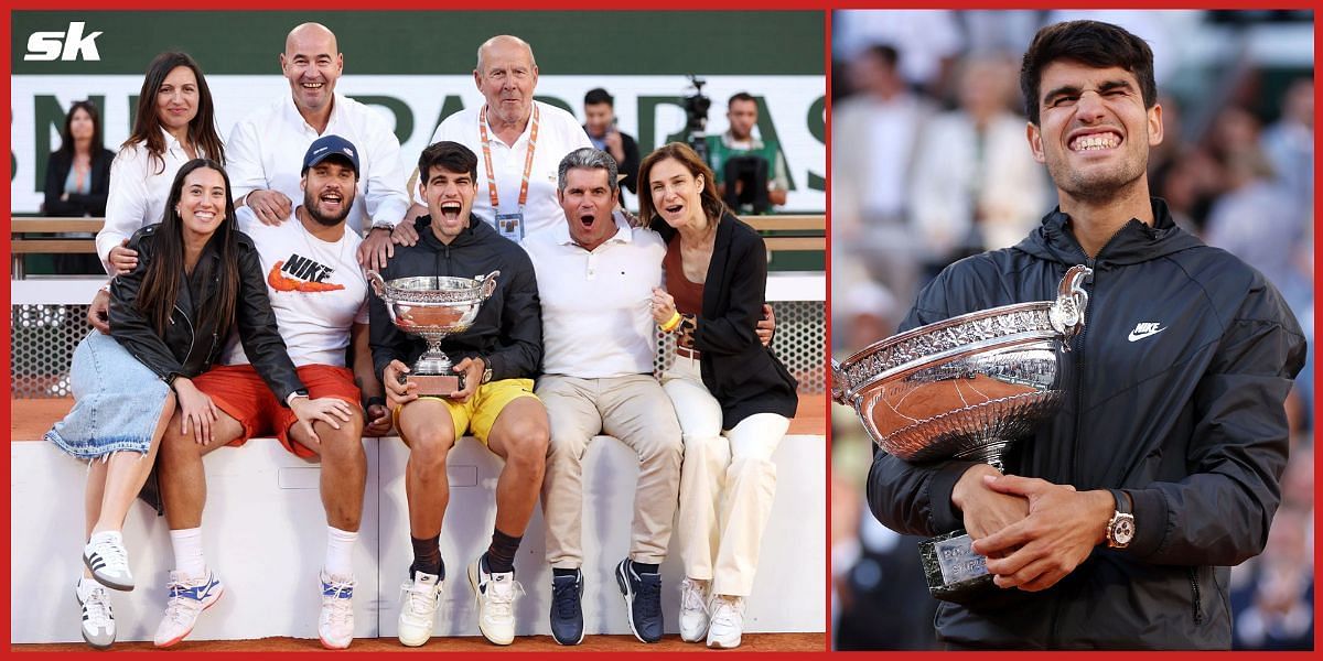 Carlos Alcaraz posing for photographs with family members after winning the French Open title.