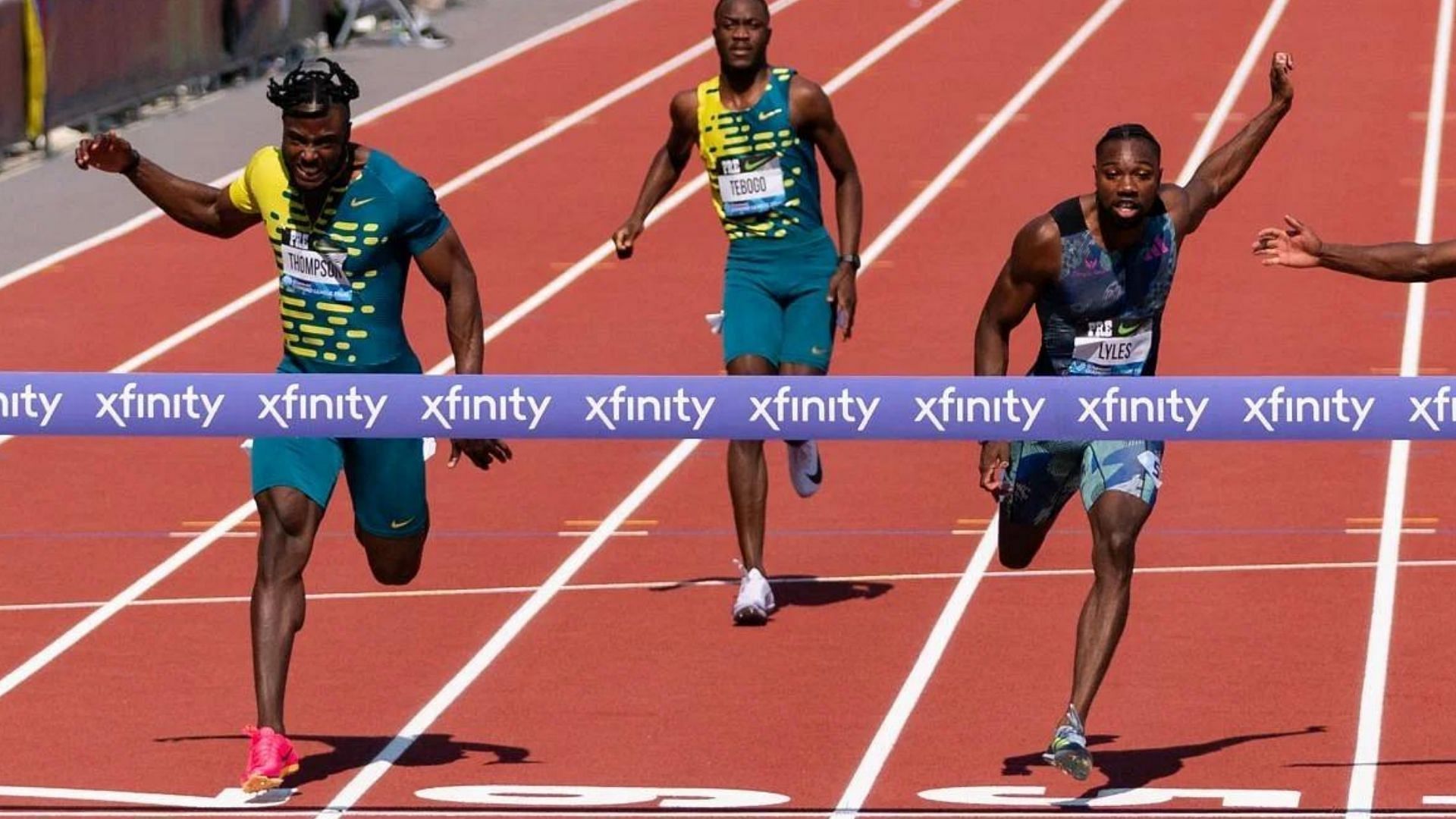 Kishane Thompson (L) and Noah Lyles (R) at the 2023 Prefontaine Classic/Getty Images