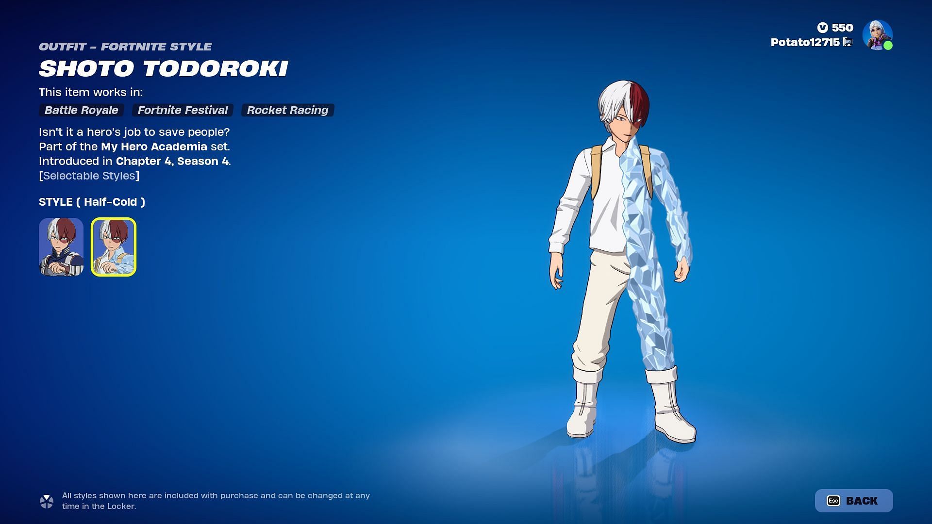 Shoto Todoroki (My Hero Academia) skin in Fortnite can be purchased separately (Image via Epic Games)