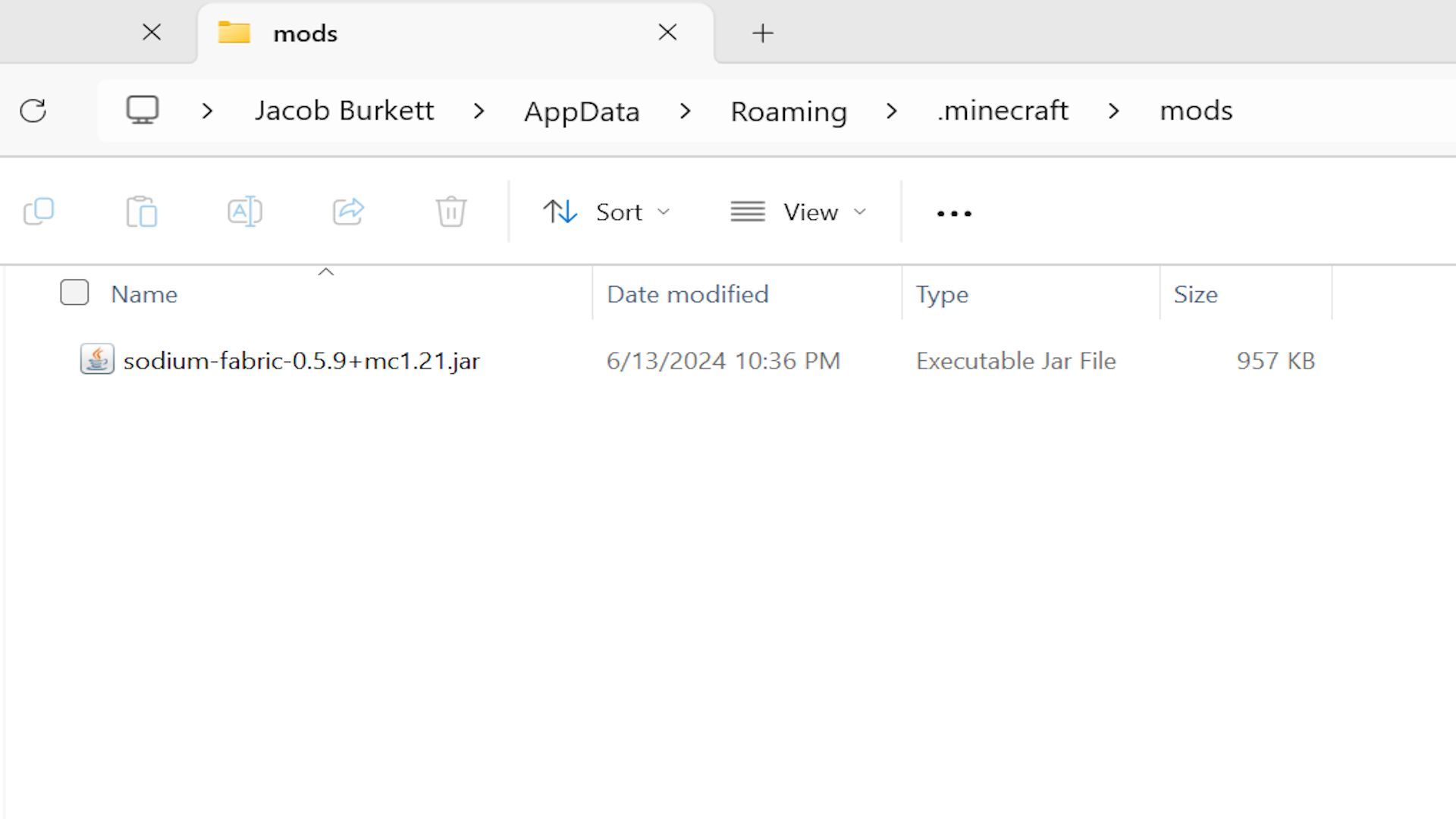 Sodium&#039;s jar filed placed into the mods folder (Image via Windows)