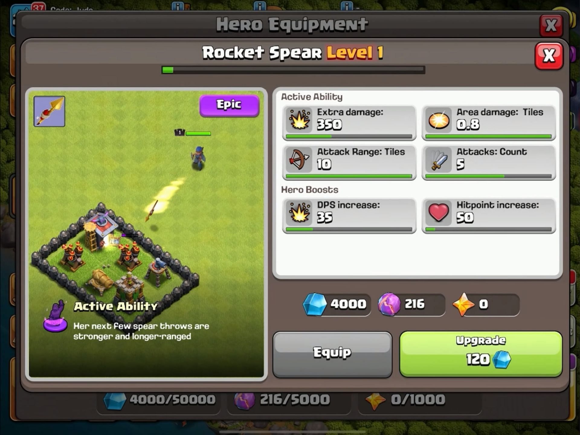 Rocket Spear level 1 stats (Image via Supercell || Judo Sloth Gaming/YouTube)