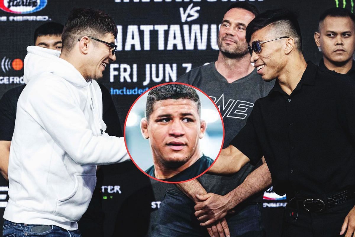 Gabriel Sousa (right) and Mikey Musumeci (left) during the pre-fight press conference. (center: Gilbert Burns) [Photos via: ONE Championship]