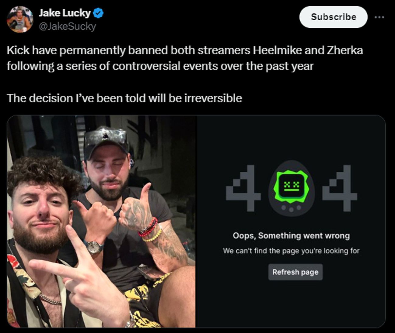 Zherka and Heelmike are permanently banned, according to Jake Lucky (Image via X)