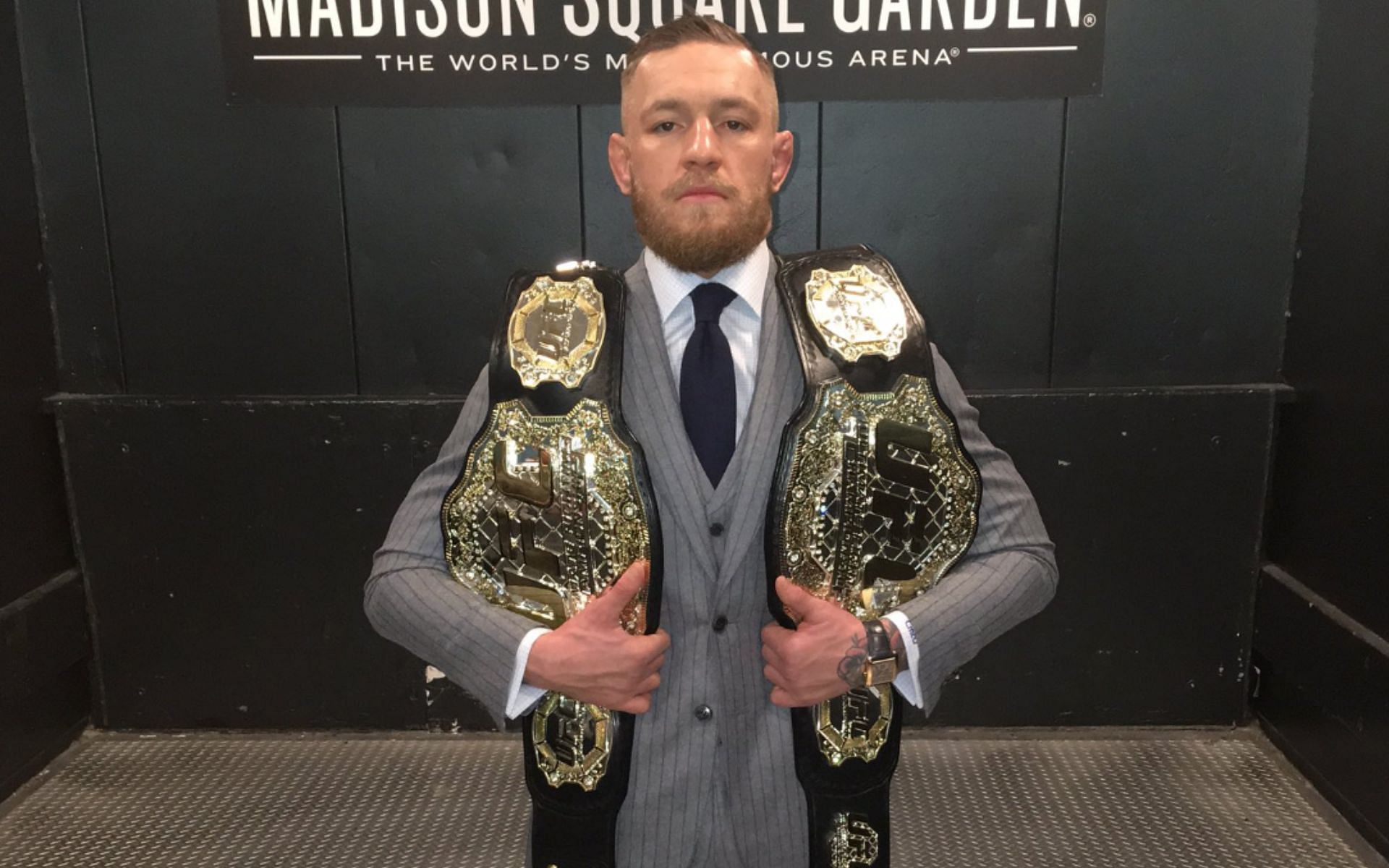 Conor McGregor reflects on becoming a two-division champion (pictured). [Image courtesy: @thenotoriousmma on X]