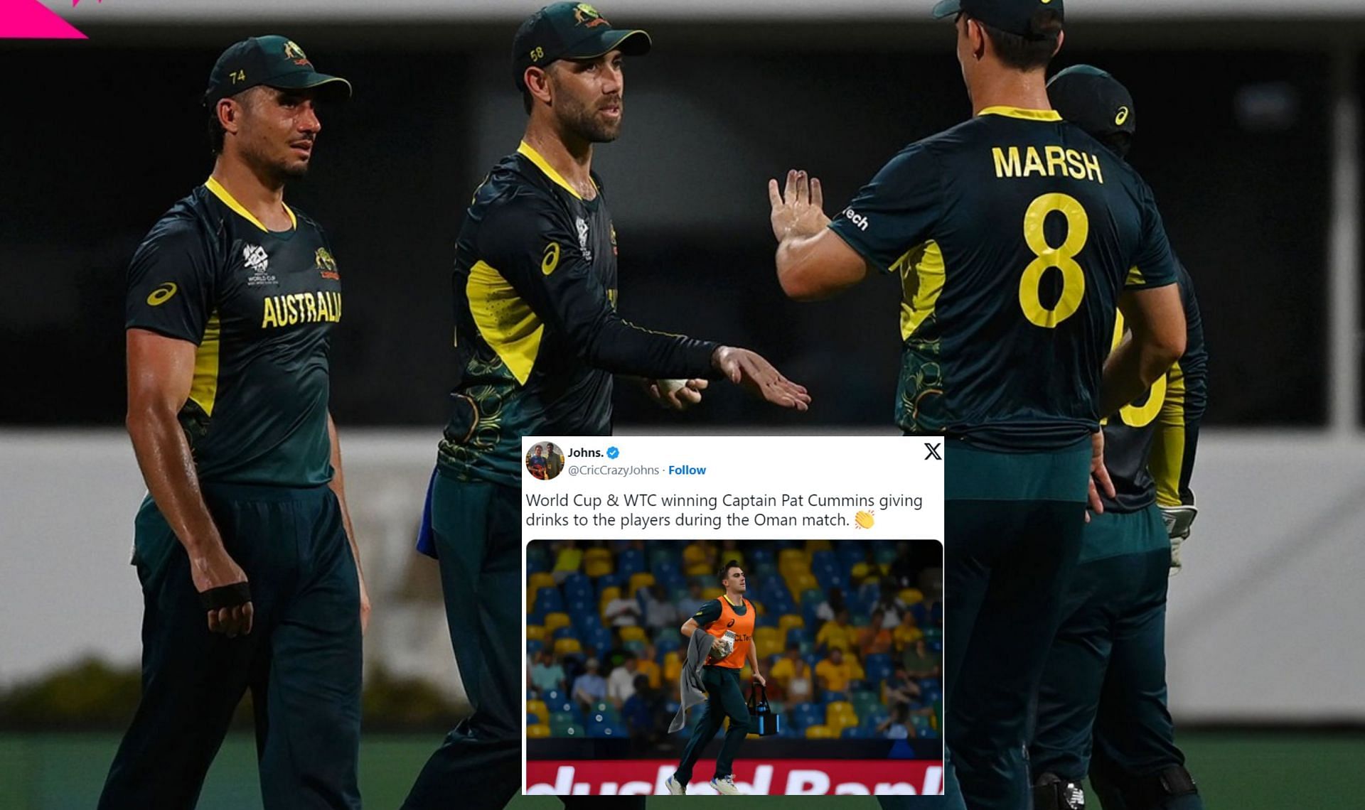 Pat Cummins carried drinks as substitute during Australia vs Oman WC match. (Image Credits: Star Sports)