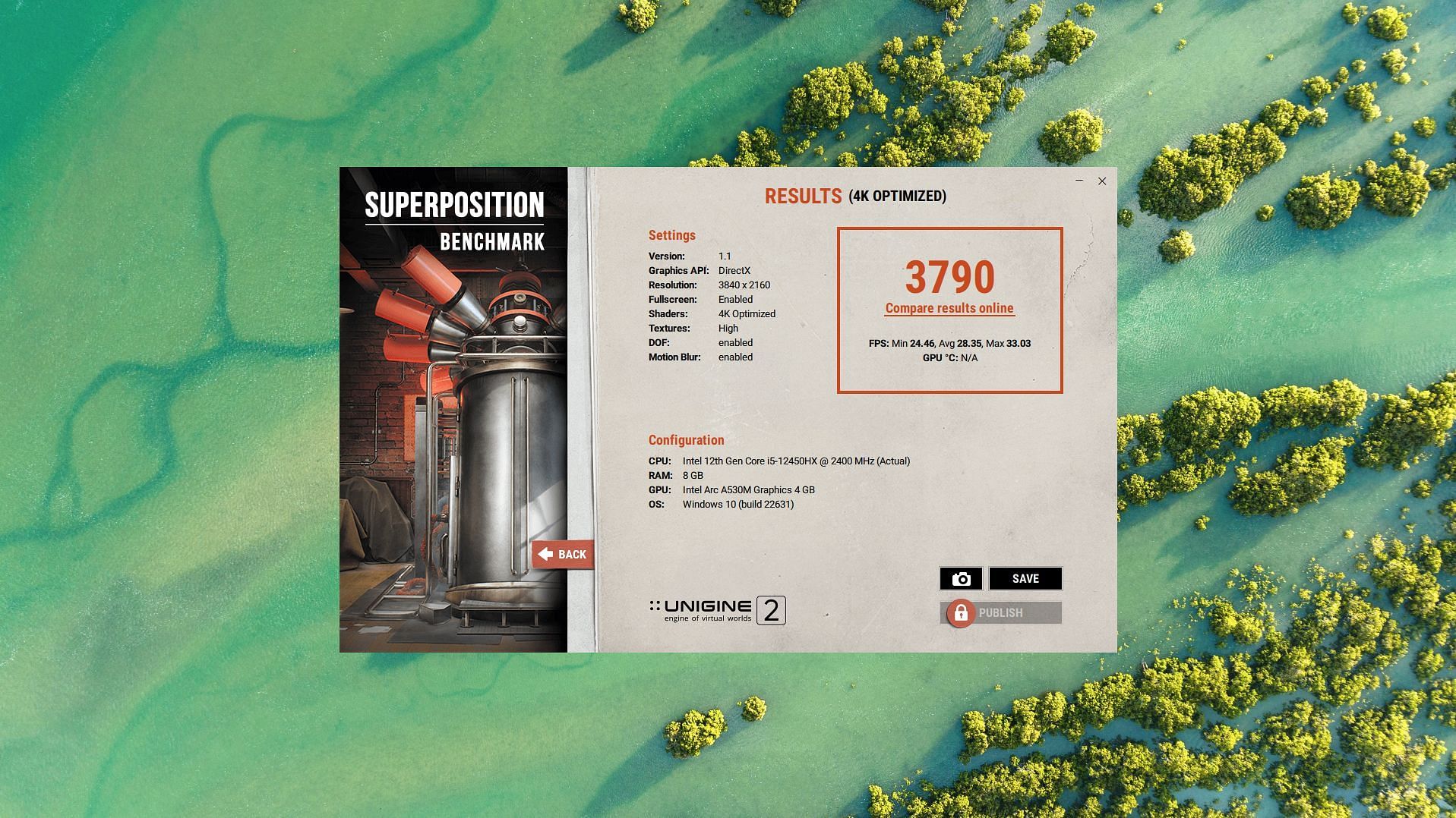 Superposition 4K Optimized benchmark results on the Arc A530M (Image via Sportskeeda)