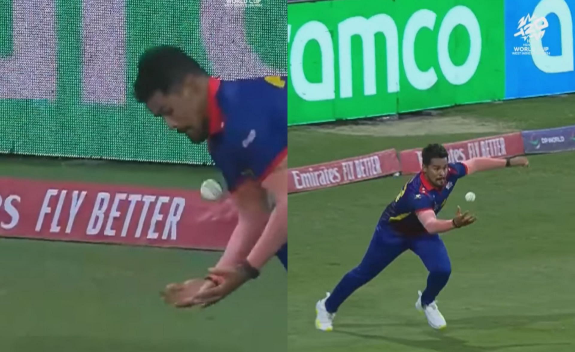Karan KC takes a juggling catch during SA vs NEP match. (Image: ICC/Instagram)