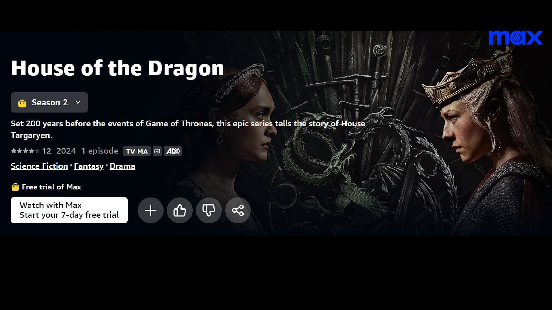 House of the Dragon season 2 episode 2 will be available for streaming on Amazon Prime Video via Max(Image via Amazon Prime Video)