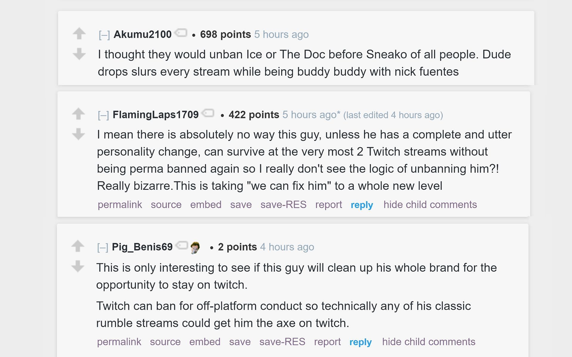 Reddit community reacts to the streamer&#039;s Twitch unban (Image via r/LivestreamFail subreddit)