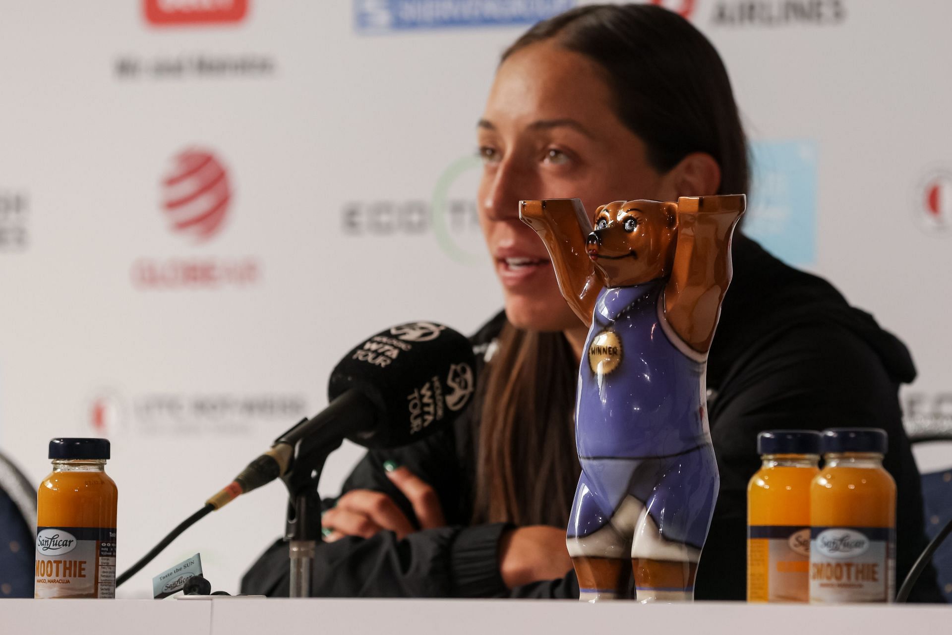 Jessica Pegula at a press conference following her victory at the 2024 ecotrans Ladies Open