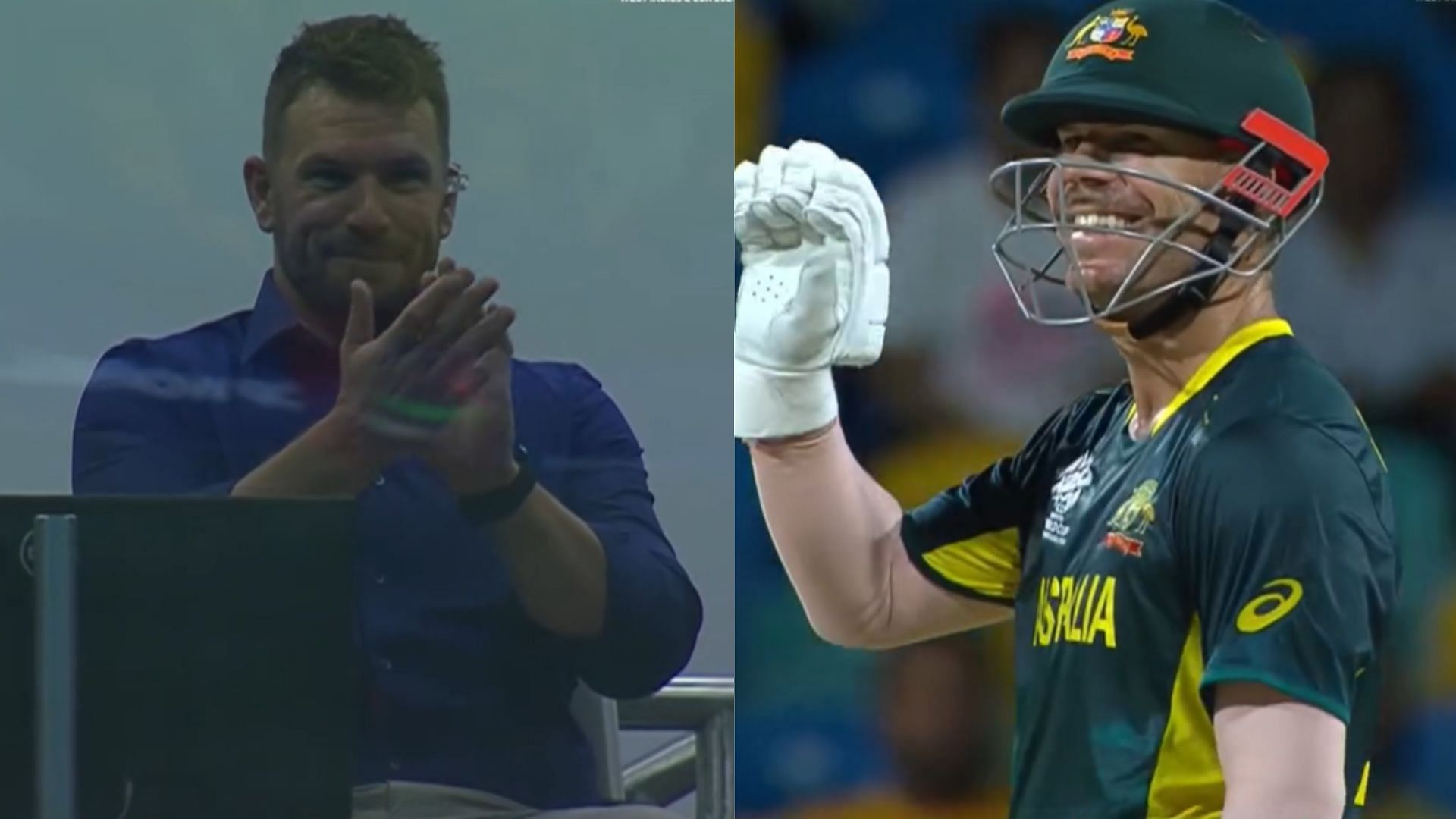 David Warner and Aaron Finch share a fun moment during AUS vs OMAN match (Image: @ICC)