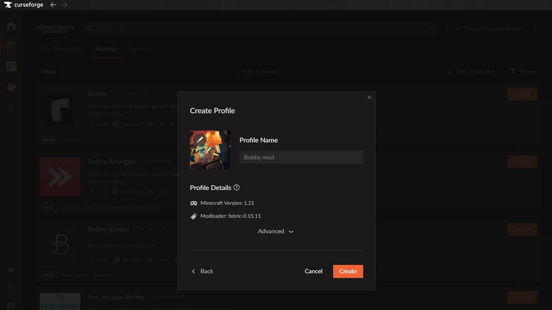 The prompt for a new profile (Image via CurseForge)
