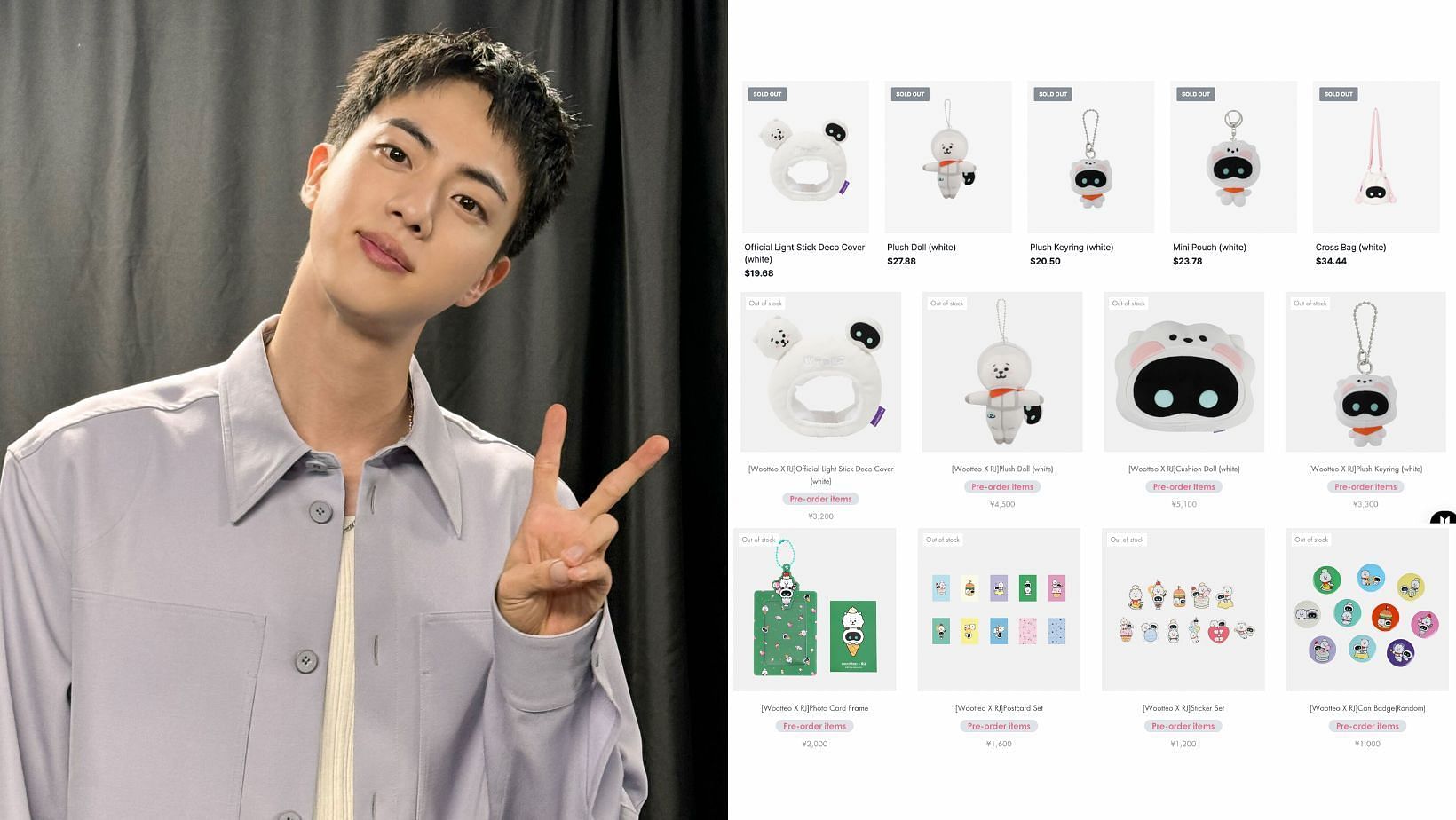 BTS Jin&rsquo;s Wootteo x RJ collaboration reportedly sells out over 8 items within minutes of its release. (Images via X/@bts_bighit and Weverse website)